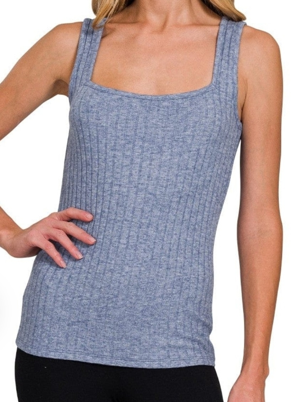 Ribbed Square-Neck Tank Top - Heather Blue